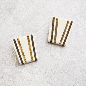 1980s Laurana Italian Enamel Earrings – White & Gold Geometric Clip-Ons, 1.1"